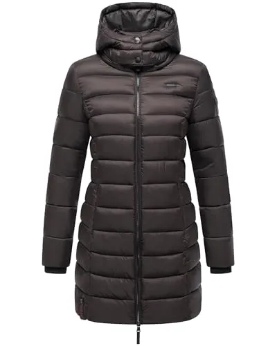 MARIKOO Damen langer Wintermantel Steppmantel mit abnehmbarer Kapuze Choco Gr. L - Stylischer langer Steppmantel mit abnehmbarer Kapuze, ideal für milde Wintertage. Aus wasserabweisendem Material, mit weichem Innenfutter und praktischen Details wie Innentasche für Kopfhörer. Ein Must-Have für jedes Outfit!