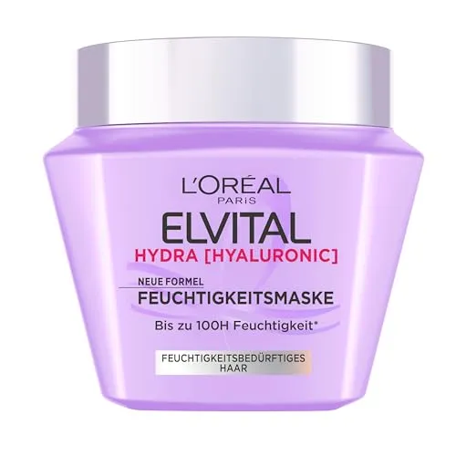 L'Oréal Paris Elvital Hydra Hyaluronic Feuchtigkeitsmaske, Neue Formel, Haarmaske mit Hyaluronsäure, spendet bis zu 100H Feuchtigkeit, polstert die Haarfasern auf, mehr Geschmeidigkeit, 1x300ml