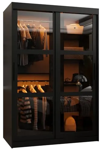 MEBLE KRYSPOL Dome Schrank mit Zwei Schiebetüren mit Spiegel, Stangen und Regalen - Aufbewahrungsschrank mit Rauchglas für Schlafzimmer, Wohnzimmer - 200x120x62cm - Schwarz, Schwarz, Schwarz