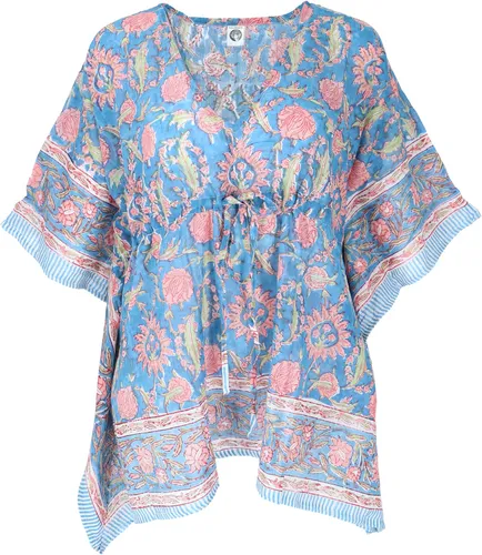 GURU SHOP Hippie Poncho - Trendige Damen-Strandtunika in Blau - Pareos & Strandkleider für Damen, aus leichtem, handbedrucktem Baumwollstoff mit individuellem Charakter und regulierbarem Kordelband für eine perfekte Passform.