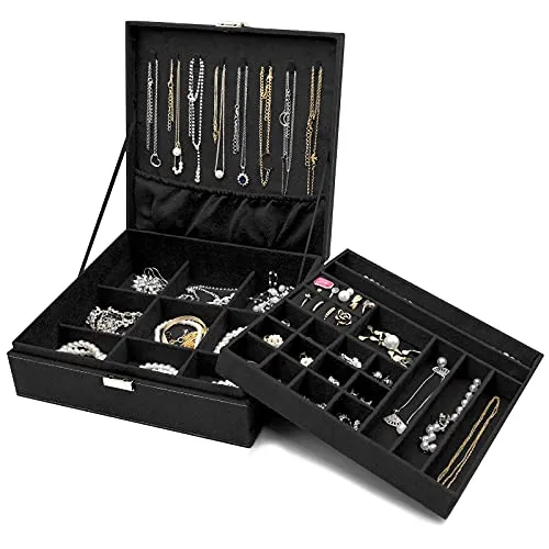 ProCase Schmuck Kästchen Organizer für Frauen, Zwei Schicht Schmuck Display Aufbewahrung Koffer mit 8 Halsketten Bügeln und herausnehmbarem Trennsteg für Ohrringe Armbänder Ringe -Schwarz
