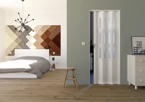 Falttür Luciana 3D in Esche Weiß mit 3 Fenstern - Moderne Falttür für alle Zimmer, mit hochwertigem 3D Druck Design und schnappverschluß. Ideal für platzsparende Lösungen, Maße: H 202 cm, B 88,5 cm.