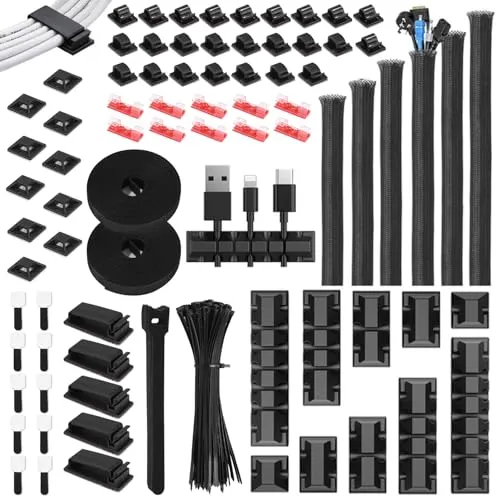 Zaxiva 188 Stück Kabelmanagement Kits, 6 Kabelschläuche, 10 Silikon Kabelhalter, 20+2 Kabelbinder Selbstklebend, 40 Kabelklemmen Groß, 100 Kabelbinder, 10 Klebesockel für TV PC