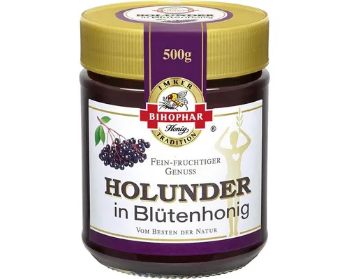 BIHOPHAR – Holunder in Blütenhonig 500 g - Brotaufstrich – Genießen Sie den süß-säuerlichen Holunderhonig, ideal als Brotaufstrich oder zum Verfeinern von Quark und Süßspeisen, aus hochwertigem Blütenhonig und Holunderbeeren-Saft.