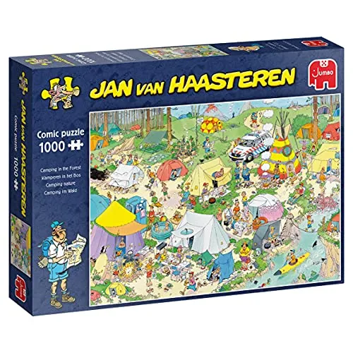 Jumbo Puzzle Jan van Haasteren: Camping im Wald - Erleben Sie Spaß und Spannung mit diesem 1000-teiligen Puzzle von Jan van Haasteren! Ideal für entspannte Stunden mit Familie und Freunden, bietet es humorvolle Illustrationen und fördert die Konzentration.