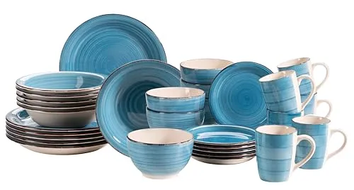 MÄSER 931619 Bel Tempo II - 30-teiliges Vintage Geschirr Set für 6 Personen - Tafelservice aus handbemaltem Steingut in Dunkelblau, spülmaschinen- und mikrowellengeeignet, ideal für einen stilvollen Esstisch.