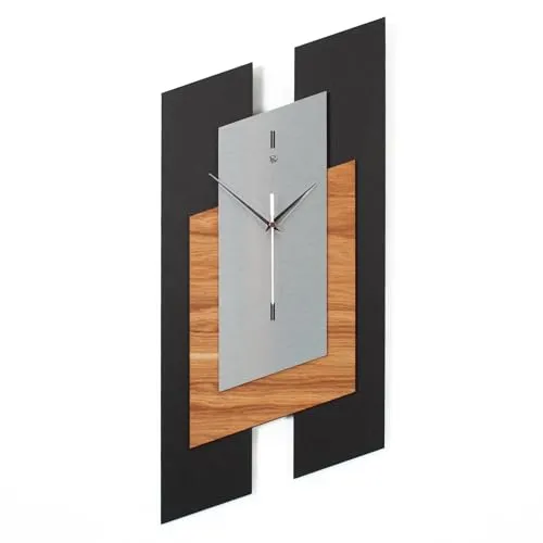 Designer Wanduhr Tricolor Squares aus Holz in modernem Metallic-Look braun, schwarz, Silber; Größe 26x58cm; mit leisem Uhrwerk (leises Funkuhrwerk)