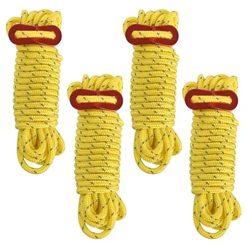 Packung mit 4 Camping-Abspannseilen,Reflektierende Abspannseile für Zelt, 4 m Lang Paracord mit Seilspanner,Durchmesser 4 mm Campingschnur, Zeltschnur für Camping, Wandern, Markisenzelte (Gelb)