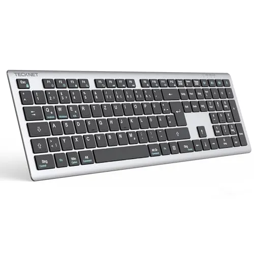TECKNET Bluetooth Tastatur Kabellose(BT+2.4G), Wiederaufladbare Multi-Device Wireless Keyboard mit Einfacher bis zu 4 Geräte, Ultraflache, QWERTZ Layout für Mac/Windows/iOS/Chrome OS