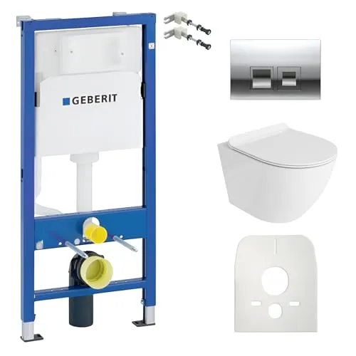 Lavita Duofix Basic Vorwandelement + Wand Tiefspül WC Sofi Weiß Spülrandlos + WC Sitz + Bedienplatte Delta 25 Verchromt Knopf Komplettset Unterputz Spülkasten Toilette Komplett Sett WC