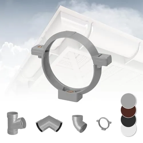 RAINWAY L Regenrinnen System (Rohrschelle grau) - PVC-U Kunststoff in 4 Farben, für Dachflächen > 100m² empfohlen, Fallrohrschellen Befestigung