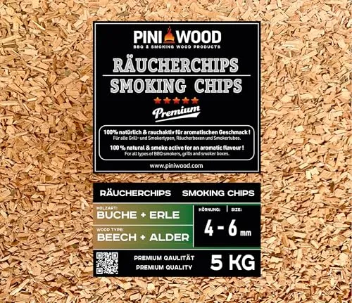 PINI 5 Kg Räucherchips Buche und Erle gemischt 4-6 mm Smoking Chips Räucherspäne 18 Liter