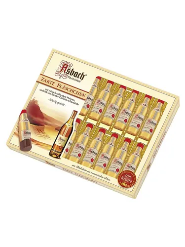 Asbach Uralt Weinbrand Pralinen Fläschchen 250g - Toffee, Karamell & Nougat - Feinschmelzende Zartbitter-Schokolade umhüllt die einzigartigen Asbach Fläschchen, ideal als Geschenk für Pralinenliebhaber.