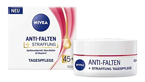 NIVEA Anti-Falten + Straffung Tagespflege 45+ (50 ml) - Tagespflege mit Aprikosenkernöl und Shea Butter, strafft die Haut und mildert sichtbar Linien und Falten für ein frisches Hautgefühl.
