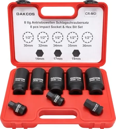 DAKCOS 8tlg Vielzahn Nuss Schlagschrauber-Nüsse Antriebswellen Spezialwerkzeug Satz Kraft Steckschlüssel Satz SW 30 32 34 35 36 mm | 12 Kant | 12,5 mm (1/2
