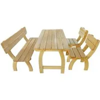 vidaXL Garten-Essgruppe 4-tlg. Kiefernholz - Braun, imprägniert - Rustikale Gartenmöbelgarnitur aus hochwertigem, grün imprägniertem Kiefernholz. Stabil und verrottungsfest, ideal für entspannte Stunden im Freien. Enthält eine Bank, zwei Stühle und einen Tisch.
