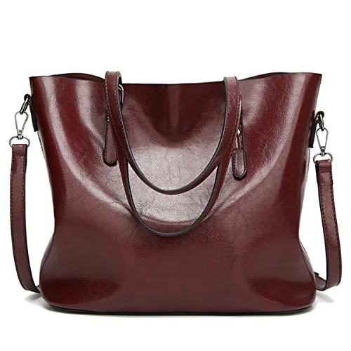 Coolives Damen Tote Shopper Tasche Schultertasche mit Schultergurt Umhängetasche Handtasche aus PU-Leder Kaffee Braun EINWEG