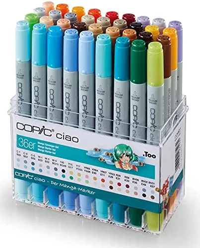 COPIC Layoutmarker Ciao Manga-Set, 36 Farben - Schreibutensilien, vielseitiger Grafikmarker mit flexibler Pinselspitze für perfektes Schattieren und Verblenden, ideal für Einsteiger und kreative Projekte.