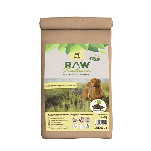 RAW Nature Trockenfutter Adult mit Huhn 12kg, kaltgepresstes Hundefutter, Getreidefrei, 100% Muskelfleisch, hoher Fleischanteil, ohne künstliche Zusätze, für alle Rassen geeignet