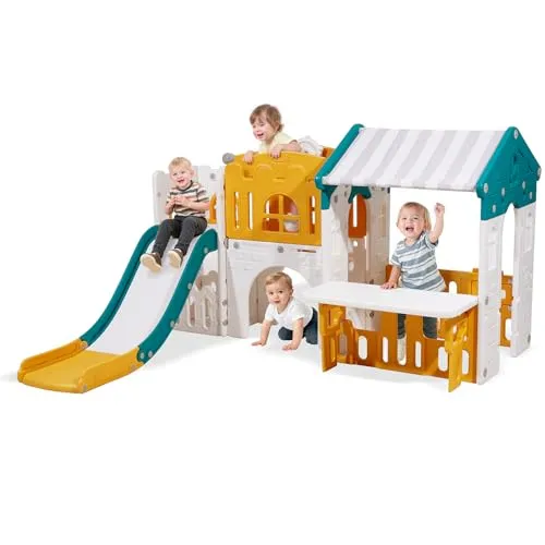 VEVOR Outdoor Spielhaus Outdoor Gartenhaus Cottage (Rutsche/Basketball/Teleskop/Lenkrad/Krabbeltunnel/Verkaufsfenster) Kinderspielhaus für Kleinkinder ab 1 Jahr HDPE-Kunststoff Kinderhaus