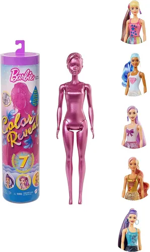 Barbie GTR93 Color Reveal Puppe, Glitzer Serie - Puppensets mit 7 Überraschungen und Farbwechseleffekt, ideal für kreative Spielstunden ab 3 Jahren.