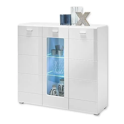 ENRIQUE Highboard mit LED-Beleuchtung, Weiß Hochglanz - Hochschrank fürs Wohnzimmer mit modernem Design und strahlend weißer Optik. Die LED-Beleuchtung sorgt für eine gemütliche Atmosphäre und setzt Ihre Deko perfekt in Szene.