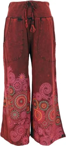 GURU SHOP Palazzohose - Boho Baumwollhose mit Blüten-Druck - Damen-Hosen in weitem Schnitt mit elastischem Bund und praktischen Hosentaschen. Der weiche, dehnbare Baumwollstoff sorgt für hohen Tragekomfort und ein stylisches Flower Power Design.
