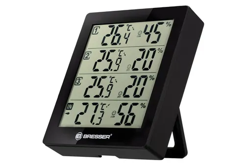 Bresser Wetterstation Funk Temeo Hygro Quadro mit 3 Außensensoren - Wetterstation für präzise Temperatur- und Luftfeuchtigkeitsmessung in 4 Umgebungen, ideal zur Schimmelvorbeugung und Feuchtraumüberwachung.