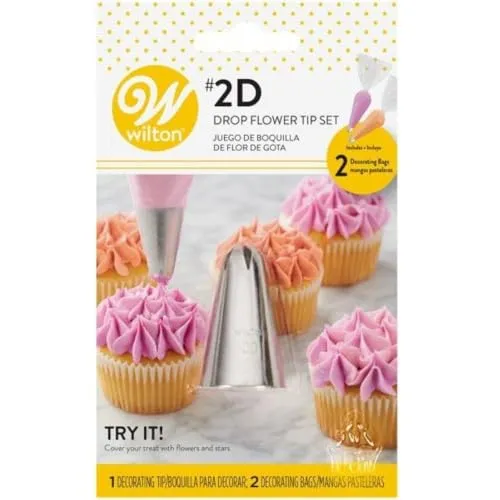 Wilton Decorating Tip Set Spritztüllen, #2D Drop Flower | Edelstahl Tüllen und 2 Spritzbeutel, Zum Dekorieren von Kuchen Torten Cupcakes, Spülmaschinenfest