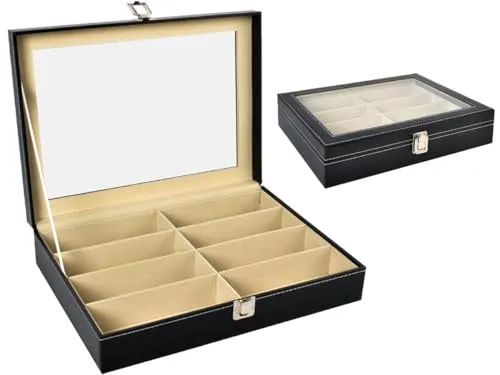 Elegant Brillen Organizer 8512 - Uhrenaufbewahrung mit 8 Fächern, transparentem Deckel und praktischem Druckverschluss für stilvolle Ordnung Ihrer Brillen.