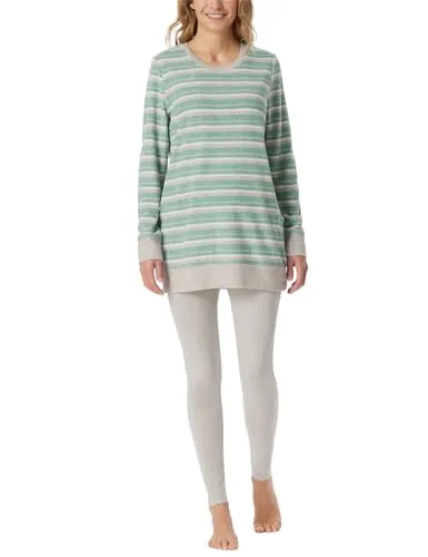 Schiesser Damen Schlafanzug lang Frottee warm - Schlafanzug für Damen in grün-Mel, kuschelig und perfekt für kalte Nächte, aus weicher Frottee-Qualität für höchsten Komfort.