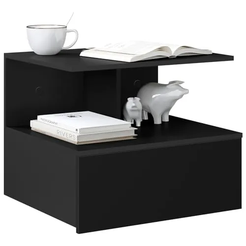 WOLTU Nachttisch hängend, schwebender Nachtschrank mit Schublade, offenem Fach, Nachtkästchen, Nachtkommode, Nachtkonsole, Wandregal, Wandschrank, Schwarz, aus Holzwerkstoff, 40x31x35 cm