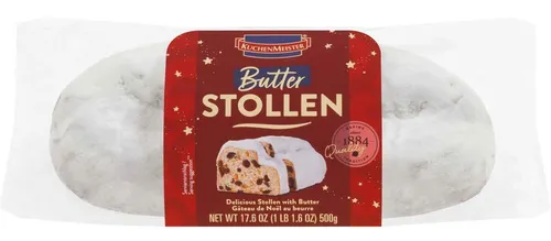 Kuchenmeister Butter Stollen - Traditioneller Butterstollen zu Weihnachten - Genießen Sie den klassischen Butterstollen mit Rosinen, ideal für die festliche Weihnachtszeit. Perfekt verpackt für ein genussvolles Erlebnis.