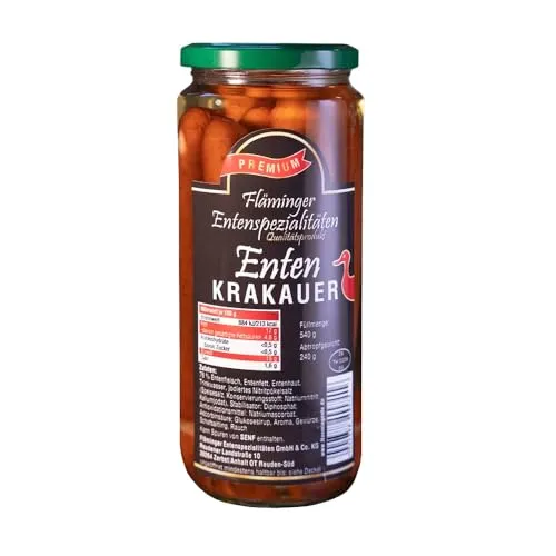 Fläminger Entenspezialitäten | Enten Krakauer im Glas | aus feinstem Entenfleisch | herzhaft gewürzt und schonend geräuchert | 540g Glas