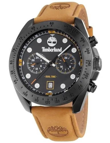 Timberland Carrigan Dual Time TDWGF2230501 Herrenuhr - Armbanduhr mit dualer Zeitanzeige, ideal für Vielreisende. Robustes Edelstahlgehäuse und braunes Kalbslederarmband sorgen für Stil und Langlebigkeit.