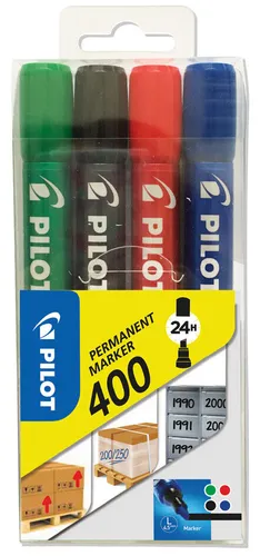 PILOT Permanent Marker 400 - 4er Set mit Keilspitze (Blau, Schwarz, Rot, Grün), brillante Farben und hohe Abriebfestigkeit für vielfältige Oberflächen