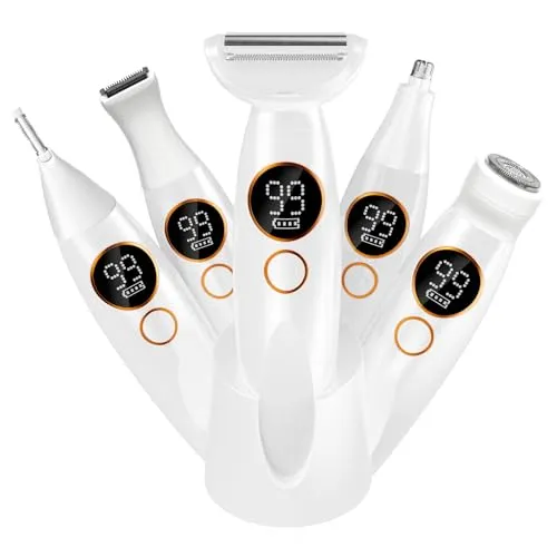 Rasierer Damen Elektrisch 5 IN 1, Intimrasierer für Frauen, Gesichtshaarentferner für Frauen mit USB-Ladestation, IPX7 Wasserdicht Damenrasierer Elektrisch für Intimbereich, Körper, Augenbrauen, Nase
