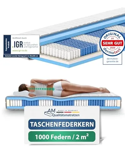 AM Qualitätsmatratzen 7-Zonen Taschenfederkernmatratze 80x210 cm H4 - Hochwertige 7-Zonen Taschenfederkernmatratze mit 1000 Federn für optimale Punktelastizität. Ideal für erholsamen Schlaf und Allergiker geeignet. 30 Nächte Probeschlafen!