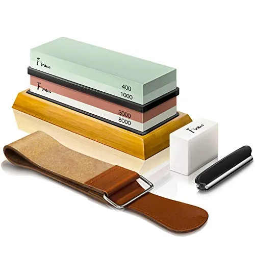 Schleifstein Set, Finew Professional Wetzstein, Prämie Doppelseitiger Körnung 400/1000 3000/8000 Abziehstein für Messer, mit rutschfeste Bambusbasis, Abflachungsstein, Winkelführung und Lederstreifen