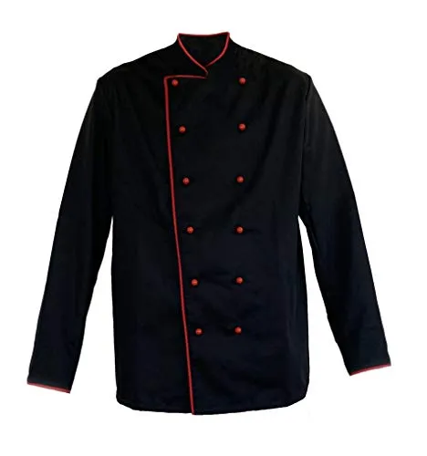 Grevotex Kochjacke Schwarz mit Paspel Rot Gr. 56 - Berufsbekleidung Gastronomie – Strapazierfähige Kochjacke aus Mischgewebe mit perfekter Passform und hohem Tragekomfort, ideal für den Einsatz in der Gastronomie.