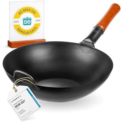 YOSUKATA Karbonstahl Wok 34 cm - Traditioneller Wok für alle Herdarten - Woks, handgehämmerter Karbonstahl Wok mit flachem Boden für intensiven Geschmack, kompatibel mit Induktions-, Gas- und Elektroherden sowie Grill. Ideal für authentische asiatische Küche.