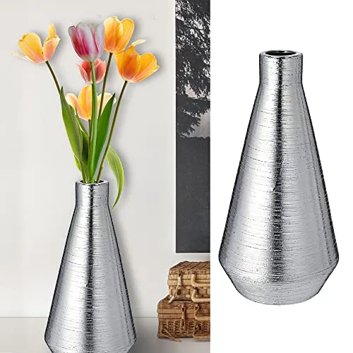 Vase Silber │matt 14 x28x14cm Steinzeug Blumenvase │Blumen Gräser Pflanzen Dekovase (1 x Vase Silber 28cm)