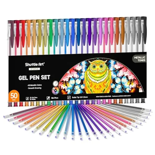 Shuttle Art 50 Stück Metallic Gelschreiber, 25 Stück Metallic Bunte Gelstifte mit 25 Nachfüllminen Perfekt für Erwachsene zum Ausmalen, Graffiti Zeichenbücher, Zeichnen von Kunststiften