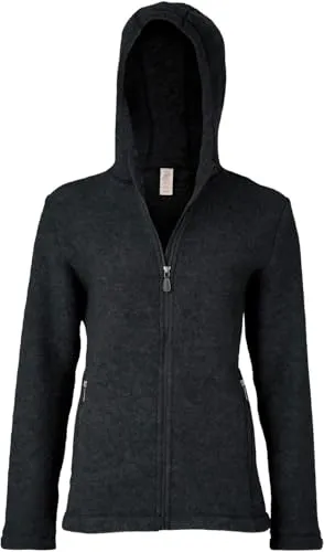 ENGEL Merino Wollfleece Jacke mit Kapuze für Damen, schwarz Melange - Funktionsjacke aus 100 % Merinowolle, biologisch und mulesing-frei, ideal für umweltbewusste Modebewusste.