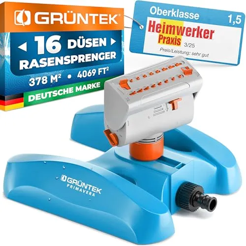 GRÜNTEK Oszillationssprinkler mit Turbo-Motor – 16-Düsen Viereckregner - Bewässerungssysteme: Der GRÜNTEK Oszillationssprinkler bietet eine gleichmäßige Wasserverteilung für Flächen bis 378 m² und überzeugt mit einem leistungsstarken Turbo-Motor für optimale Bewässerung.