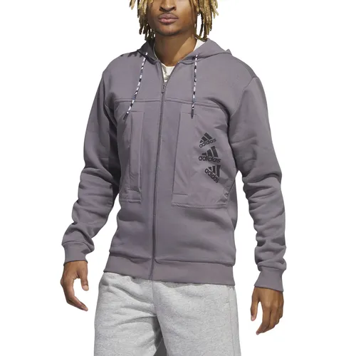 adidas Freizeit-Kapuzenjacke Essentials BrandLove Fleece grau Herren - Moderne adidas Kapuzenjacke mit zwei Reißverschlusstaschen und stylischen Logos, ideal für Sport und Freizeit, aus nachhaltiger Baumwolle gefertigt.