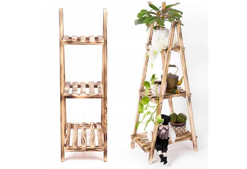 QLS Blumenständer aus Holz 50x36x114 cm 3 Etagen geflammt, mit einer Tragkraft von bis zu 25 kg