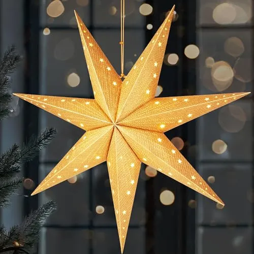 BRUBAKER LED Weihnachtsstern zum Aufhängen - 60 cm Papierstern mit 7 Spitzen - 3D Adventsstern - Batteriebetrieben, Hängend und Beleuchtet - Fenster Deko Leuchtstern - Gold