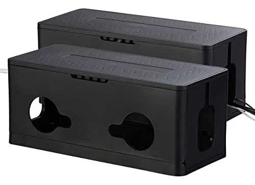 Callstel Kabel Organizer Boxen: 2er-Set Kabel- & Steckdosen-Box mit Kabelschlitzen, Belüftung, schwarz (Kabelsortierer Container, Kisten für, Verlängerungskabel)
