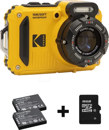 KODAK WPZ2YL6 - Robuste Unterwasserkamera mit 16MP und 4x Zoom - Digitale Kompaktkamera, stoßfest und wasserdicht, ideal für Abenteuer mit Bundle aus 2 Akkus und 1 microSD-Karte für ununterbrochene Aufnahmen.